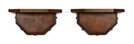 A PAIR OF MAHOGANY AND GILT METAL MOUNTED WALL BRACKETS, SECOND HALF 19TH CENTURY