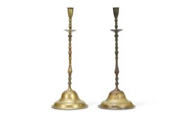 A TALL PAIR OF BRASS CANDLESTICKS, PROBABLY OTTOMAN, LATE 18TH OR EARLY 19TH CENTURY