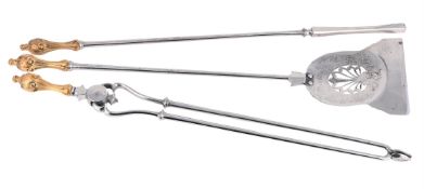 A SET OF THREE VICTORIAN STEEL AND BRONZE HANDLED FIRE TOOLS, MID 19TH CENTURY