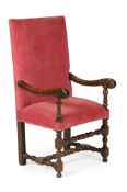 A WALNUT AND RED VELVET UPHOLSTERED ARMCHAIR, LATE 17TH CENTURY