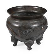 A JAPANESE BRONZE CENSER WITH FOUR LION PAW AND MASK FEET, LATE 19TH CENTURY