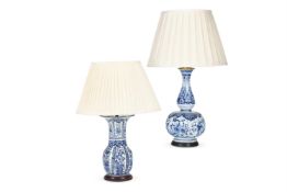 A DELFT BLUE AND WHITE VASE TABLE LAMP, 19TH OR EARLY 20TH CENTURY, TOGETHER WITH A MODERN EXAMPLE