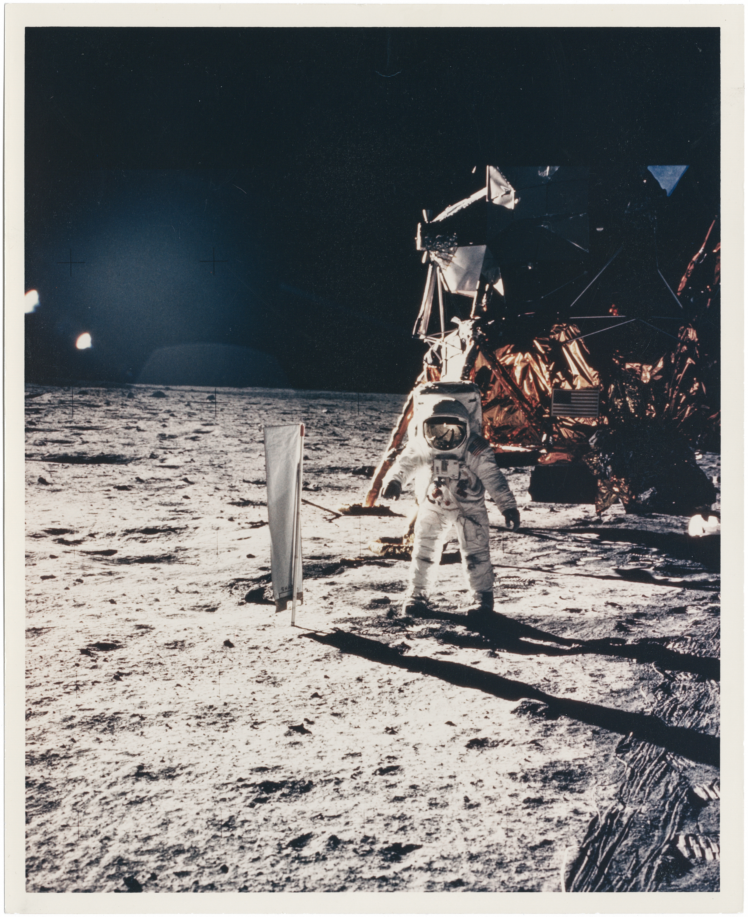 [Apollo 11] BUZZ ALDRIN BESIDE THE EAGLE AND THE SOLAR WIND EXPERIMENT