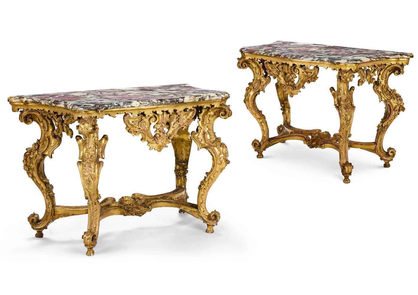 A PAIR OF ITALIAN CARVED GILTWOOD SERPENTINE SIDE TABLES, POSSIBLY GENOA, MID 18TH CENTURY