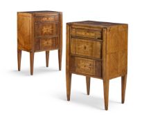 A PAIR OF ITALIAN WALNUT AND MARQUETRY THREE DRAWER COMMODINI, 19TH CENTURY