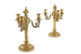 A PAIR OF LOUIS XVI ORMOLU THREE LIGHT CANDELABRA, LATE 18TH CENTURY