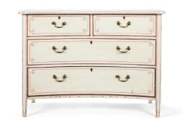 A WHITE AND RED PAINTED PINE CONCAVE FRONTED CHEST, 19TH CENTURY