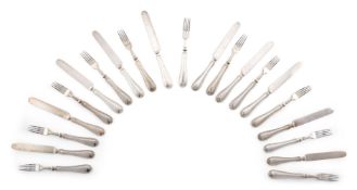 A SET OF ELEVEN SILVER COLOURED FORKS AND TEN KNIVES