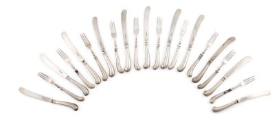 A SET OF TEN VICTORIAN SILVER PISTOL GRIP FORKS AND ELEVEN KNIVES