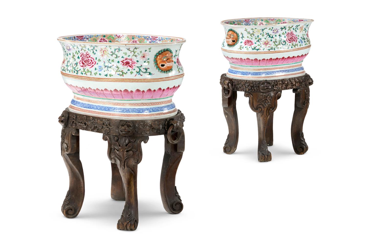 A PAIR OF CHINESE EXPORT FAMILLE ROSE OVAL BASINS OR WINE CISTERNS, QIANLONG (1736-1795)