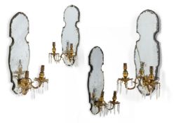 A SET OF FOUR QUEEN ANNE STYLE ETCHED AND BRASS MOUNTED MIRROR SCONCES, EARLY 20TH CENTURY
