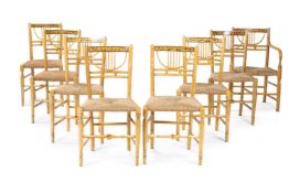 A SET OF EIGHT OCHRE PAINTED AND RUSH SEAT CHAIRS, 20TH CENTURY