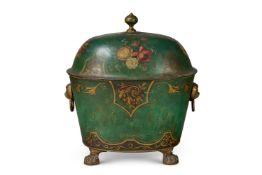 A REGENCY PARCEL GILT AND POLYCHROME TOLE PEINTE COAL BUCKET, EARLY 19TH CENTURY