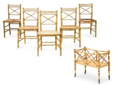 A GROUP OF FIVE REGENCY SIMULATED BAMBOO AND RUSH-SEATED SIDE CHAIRS, EARLY 19TH CENTURY