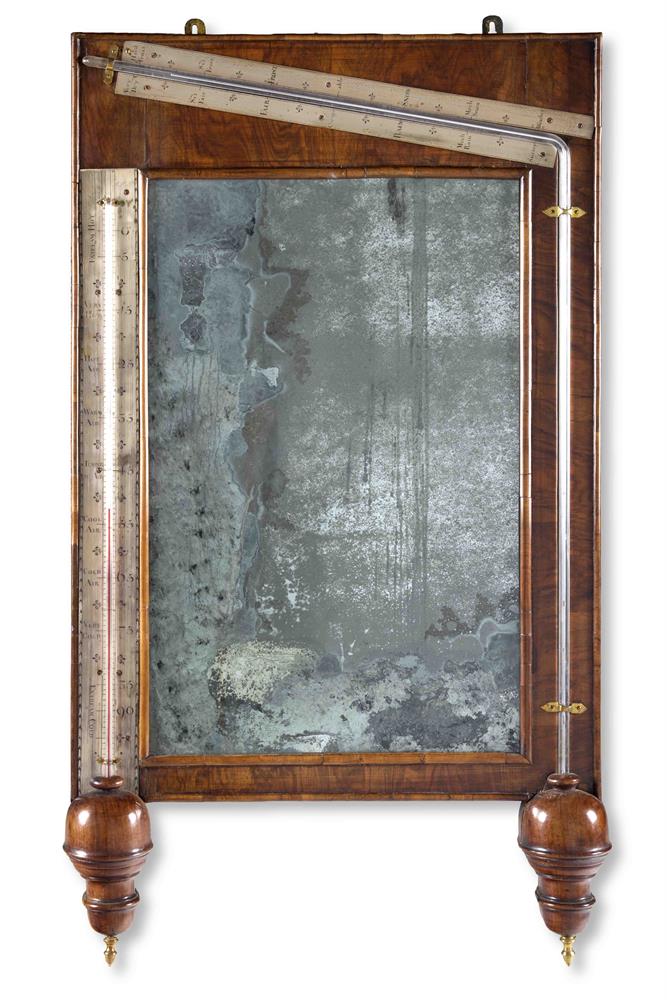 A RARE QUEEN ANNE WALNUT MERCURY 'LOOKING GLASS' ANGLE BAROMETER WITH THERMOMETER