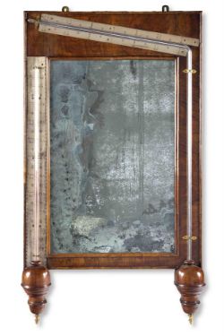 A RARE QUEEN ANNE WALNUT MERCURY 'LOOKING GLASS' ANGLE BAROMETER WITH THERMOMETER