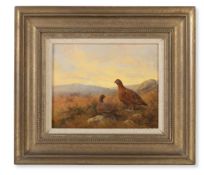 λ ALISON GUEST (BRITISH, B. 1951), RED GROUSE IN A LANDSCAPE