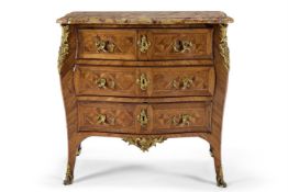 A LOUIS XV ORMOLU-MOUNTED PARQUETRY SERPENTINE COMMODE, BY JACQUES DUBOIS, CIRCA 1750