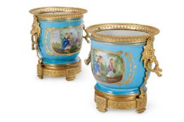 A PAIR OF SEVRES-STYLE TURQUOISE-GROUND GILT-METAL MOUNTED JARDINIERES, FIRST HALF 20TH CENTURY