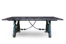 A LIVER-COLOURED MARBLE AND WROUGHT IRON CENTRE TABLE, MODERN