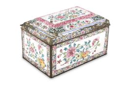 AN ENAMEL RECTANGULAR BOX WITH HINGED COVER, CANTONESE