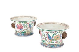 A PAIR OF FAMILLE ROSE PORCELAIN TWO-HANDLED JARDINIERES, CHINESE