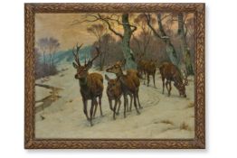GEORGES FRÉDÉRIC ROTIG (FRENCH 1873-1961), A HERD OF DEER IN A WINTER LANDSCAPE