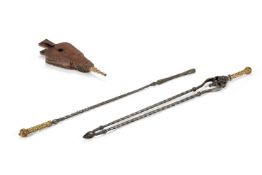 A SET OF THREE EARLY VICTORIAN BRASS HANDLED STEEL FIRE TOOLS, CIRCA 1830-1850