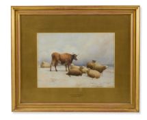 THOMAS SYDNEY COOPER, R.A. (BRITISH 1803-1903), A COW AND SHEEP IN A SNOWY LANDSCAPE