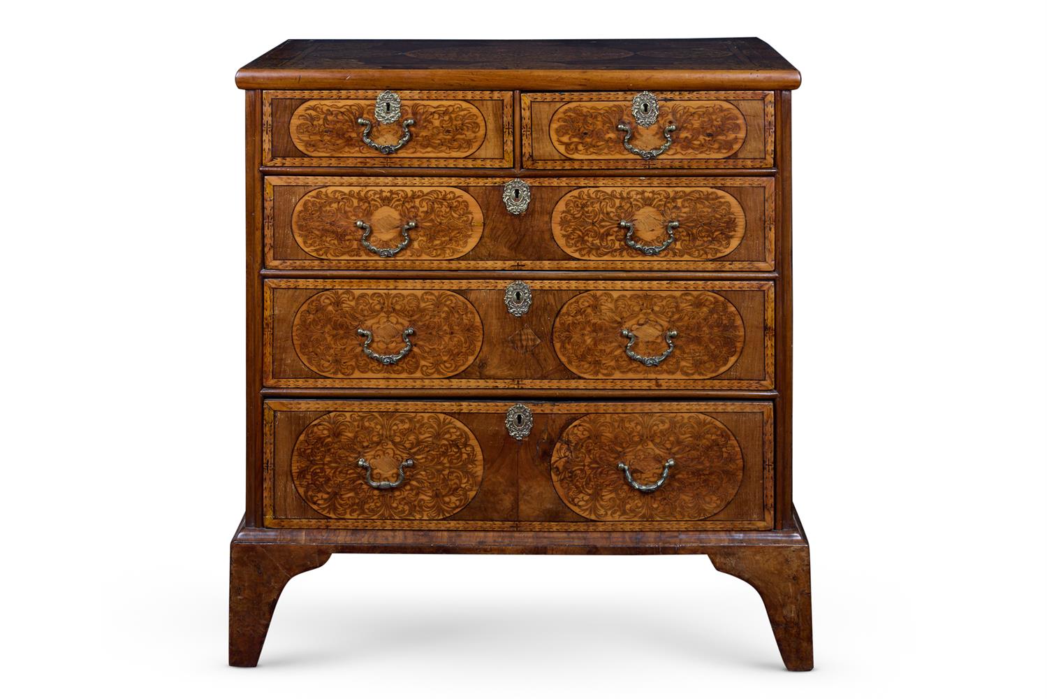 A QUEEN ANNE WALNUT AND 'SEAWEED' MARQUETRY CHEST, EARLY 18TH CENTURY AND LATER