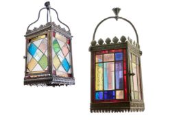 TWO SIMILAR SMALL POLYCHROME GLAZED VICTORIAN HALL LANTERNS, LATE 19TH CENTURY