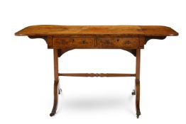 Y A REGENCY BURR ELM, SATINWOOD, BRAZILIAN ROSEWOOD CROSSBANDED AND MARQUETRY SOFA TABLE