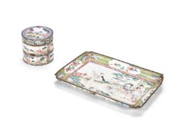 A ENAMEL TRAY AND A BOX AND COVER SIMILAR, CANTONESE