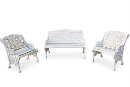 A THREE PIECE SET OF WHITE PAINTED GARDEN CHAIRS IN THE COALBROOKDALE 'NASTURTIUM' PATTERN, MODERN