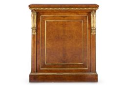 AN EARLY VICTORIAN AMBOYNA AND PARCEL GILT SIDE CABINET, CIRCA 1840