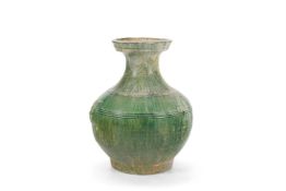 A LARGE GREEN GLAZED TWIN HANDLED VASE, CHINESE