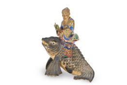 A KYOTO POTTERY MODEL OF KINKO SEATED ON A CARP, JAPANESE
