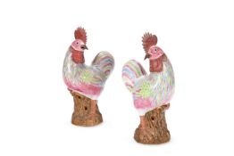 A PAIR OF FAMILLE ROSE MODELS OF COCKERELS, CHINESE