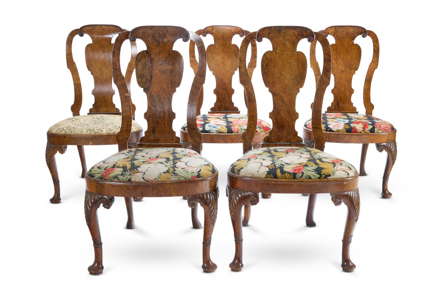 A SET OF FIVE GEORGE II WALNUT SIDE CHAIRS, ATTRIBUTED TO GILES GRENDEY