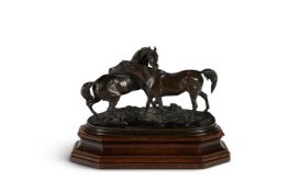 AFTER PIERRE-JULES MÊNE (1810-1879), A LARGE BRONZE EQUESTRIAN ANIMALIER GROUP 'ACCOLADE NO. 2'