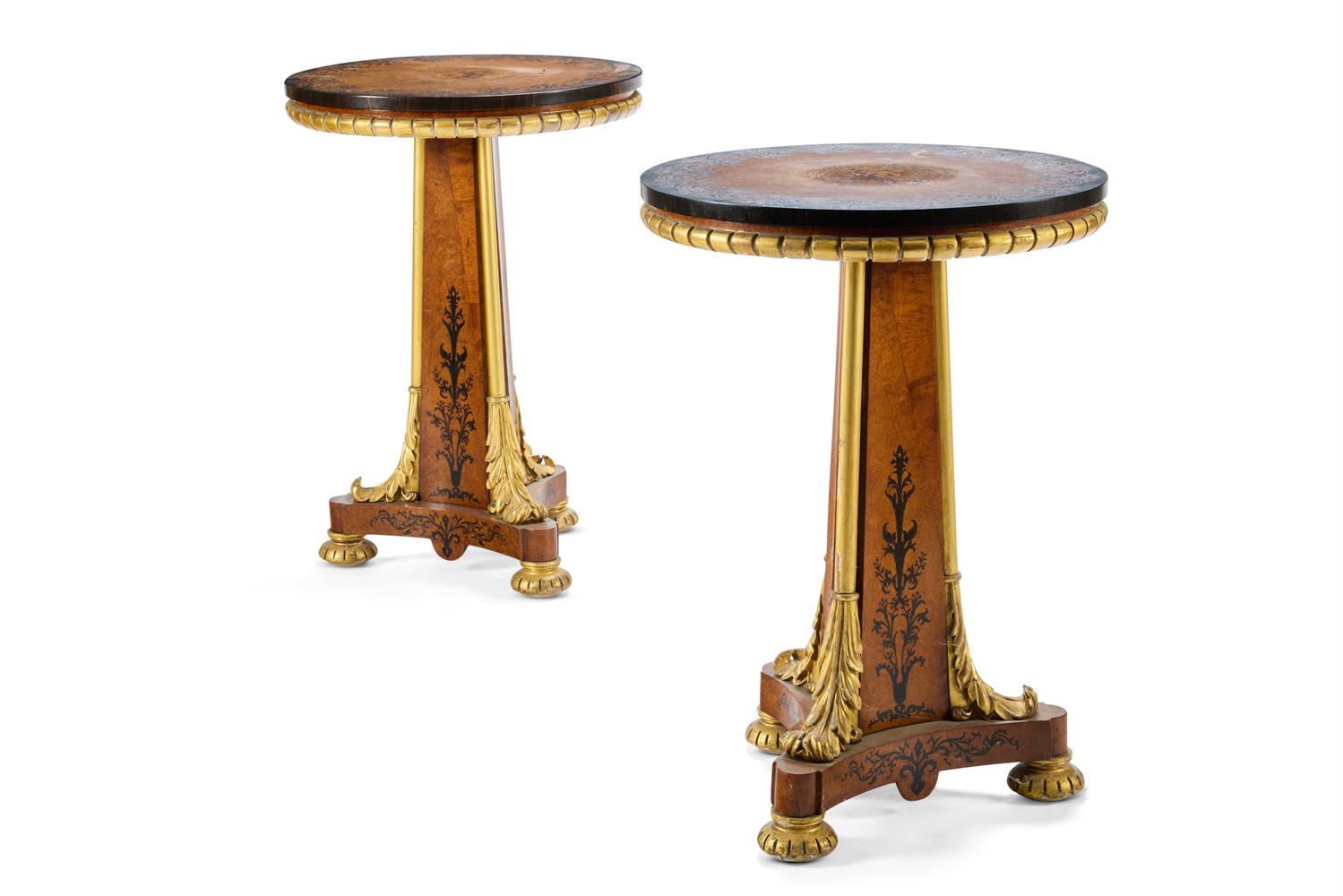 A PAIR OF WILLIAM IV AMBOYNA, EBONY, FLORAL MARQUETRY AND PARCEL GILT CIRCULAR OCCASIONAL TABLES