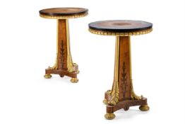 A PAIR OF WILLIAM IV AMBOYNA, EBONY, FLORAL MARQUETRY AND PARCEL GILT CIRCULAR OCCASIONAL TABLES