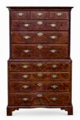 A GEORGE II BURR WALNUT AND INLAID SECRETAIRE TALLBOY, CIRCA 1730