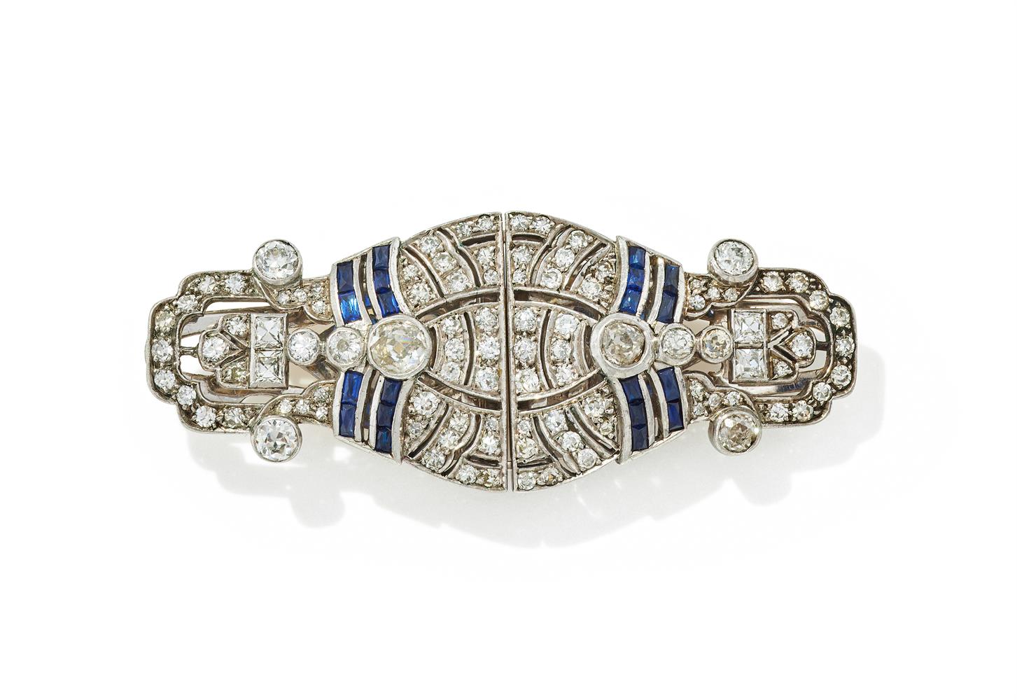 AN ART DECO DIAMOND AND SYNTHETIC SAPPHIRE DOUBLE CLIP BROOCH