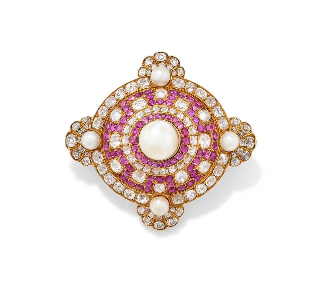A MID 19TH CENTURY NATURAL PEARL, RUBY AND DIAMOND BROOCH