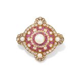 A MID 19TH CENTURY NATURAL PEARL, RUBY AND DIAMOND BROOCH