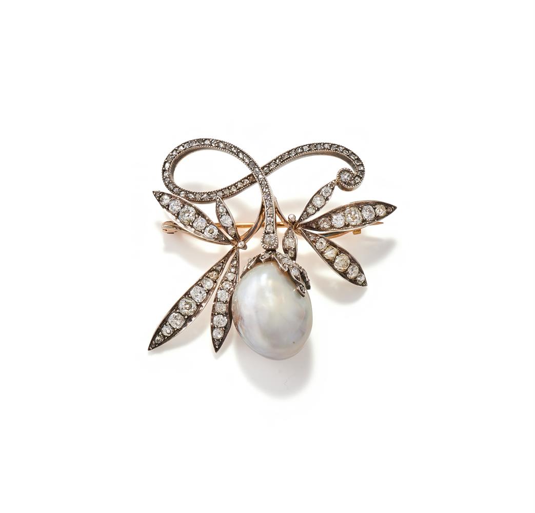 A NATURAL BLISTER PEARL AND DIAMOND BROOCH