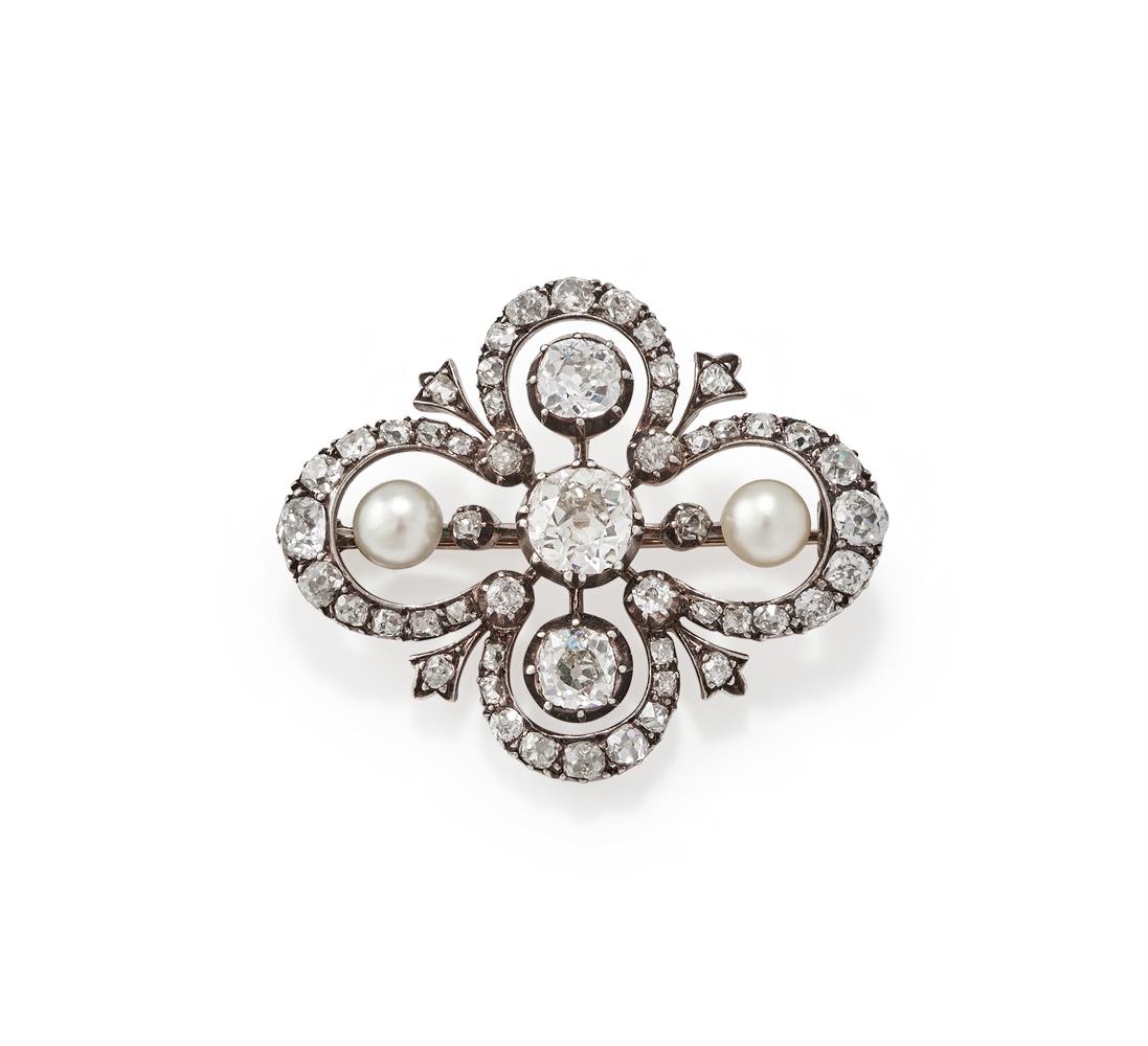 A LATE 19TH CENTURY PEARL AND DIAMOND BROOCH