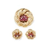 A RUBY AND DIAMOND BROOCH AND EARRING SET
