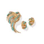 A FRENCH TURQUOISE AND DIAMOND BROOCH AND EARRING SUITE